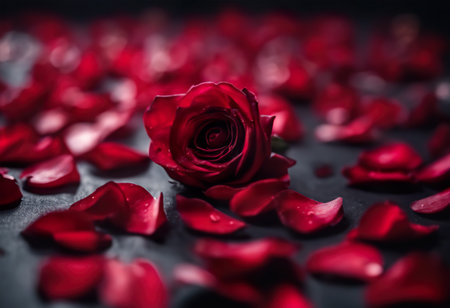 Red rose petals on dark background. Shallow depth of field.の素材