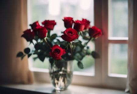 Bouquet of red roses in a vase on the windowsillの素材