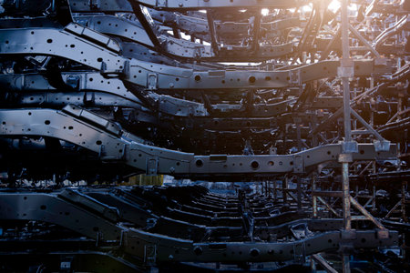 car chassis Stored at distribution yard in factory. is a weight-bearing structure.の写真素材