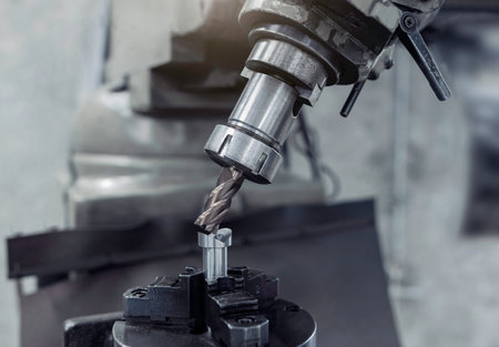 endmill cutting tool 4 flute. Material carbide. Coating Titanium nitride. In holder on milling machine. Used for metalwork.の写真素材