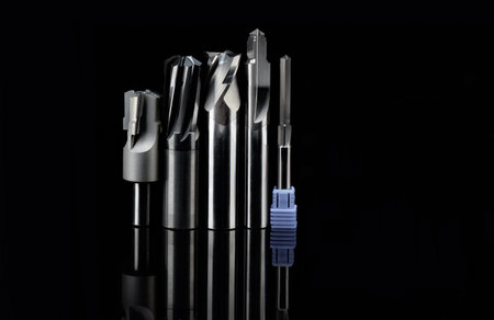 multi tools special set. Reamer, end mill, drill. material Carbide and steel. Used for metalwork. isolated on black background.の写真素材