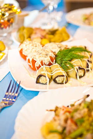 Stuffed tomatoes and eggplant rolls on the tableの写真素材