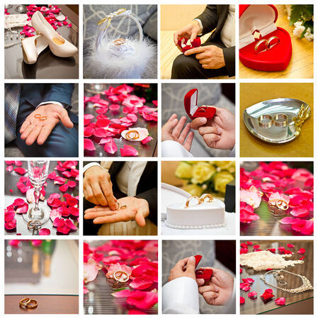 collage of wedding rings and bouquetsの写真素材