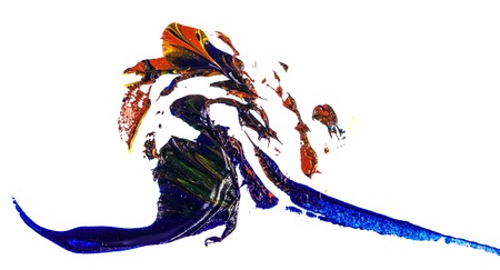 stain of blue, yellow and red oil paint. smear on whiteの写真素材
