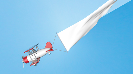 biplane in a blue sky with a white blank banner. 3D renderingの写真素材