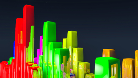 histogram of multi-colored glass rectangles. on a black . 3D rendering