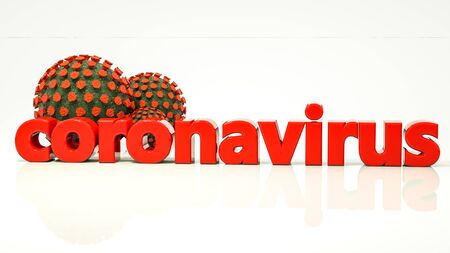 inscription coronavirus and three-dimensional model of coronavirus on a white background. pandemic concept. 3d render illustrationの写真素材