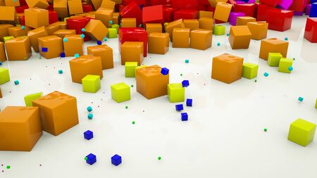 multicolored three-dimensional cubes scattered on a white background. 3d render illustration