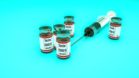 disposable plastic syringe and coronavirus vaccine jars. world pandemic concept. 3d render illustrationの写真素材