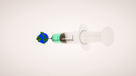 disposable plastic syringe stuck into low poly planet on white background. world pandemic concept....