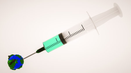 disposable plastic syringe stuck into low poly planet on white background. world pandemic concept. 3d render illustrationの写真素材