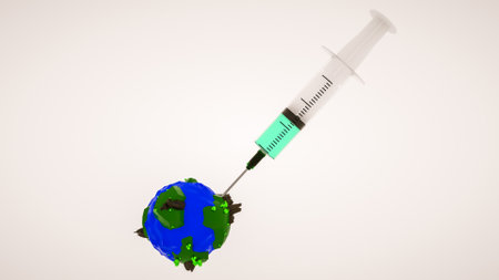 disposable plastic syringe stuck into low poly planet on white background. world pandemic concept. 3d render illustrationの写真素材