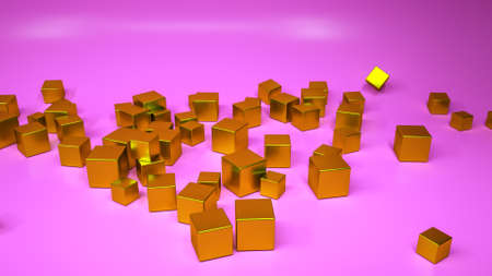 golden cubes are scattered on a purple background. 3d render illustrationの写真素材