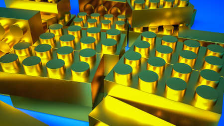 golden cubes of children's constructor on a blue background. 3d render illustration