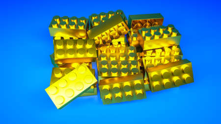 golden cubes of children's constructor on a blue background. 3d render illustration