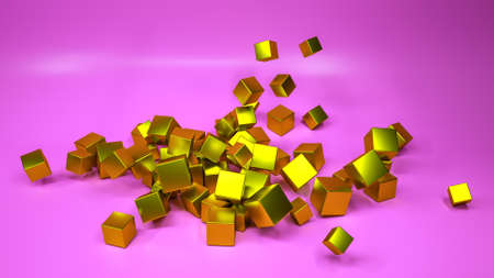 golden cubes are scattered on a purple background. 3d render illustrationの写真素材