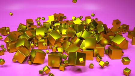 golden cubes are scattered on a purple background. 3d render illustration