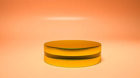 golden round three-dimensional podium. empty display area on a light orange background. 3d render illustrationの写真素材