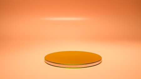 golden round three-dimensional podium. empty display area on a light orange background. 3d render illustrationの写真素材
