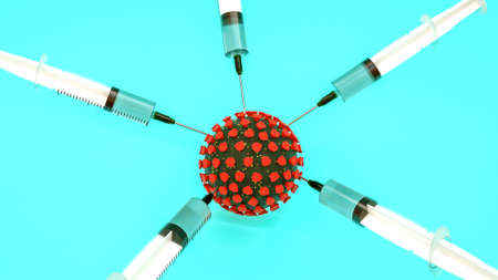 disposable syringes with a vaccine inject a coronavirus molecule. vaccination concept. pandemic covid-19. 3d render illustrationの写真素材