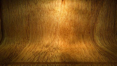 textured curved wood background. empty podium lit in the middle. 3d render illustrationの写真素材