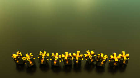 dark color gift boxes with gold ribbon on a dark background. 3d render illustrationの写真素材