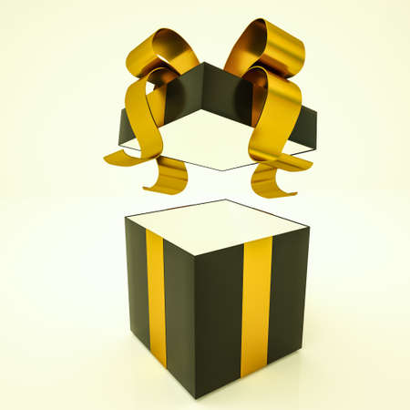 open blank black gift box with gold ribbon. 3d render illustrationの写真素材
