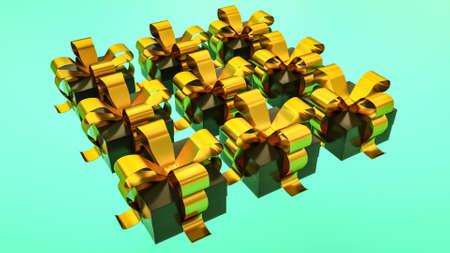 dark color gift boxes with gold ribbon on a turquoise background. 3d render illustrationの写真素材