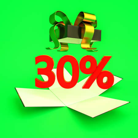 discount concept. open unfolded gift box on a green background with three-dimensional inscription 30%. 3d render illustrationの写真素材