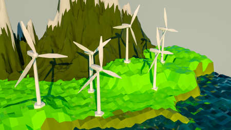 low poly model of a wind farm on a low poly landscape. alternative energy concept. 3d render illustrationの写真素材
