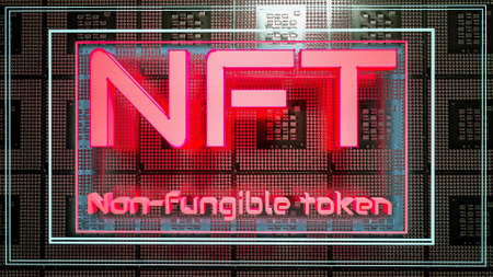 neon glowing letters nft on the background of computer parts. cryptoart concept. 3d render illustrationの写真素材