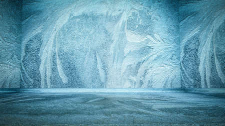 abstract three-dimensional empty room with frosty pattern on the wall and floor. background with...