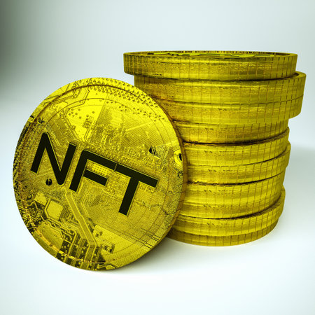 three-dimensional coin with the inscription nft. critoart concept. gold coin with a textured surface. 3d render illustrationの写真素材