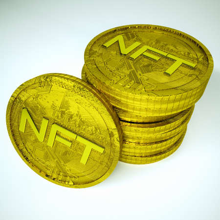 three-dimensional coin with the inscription nft. critoart concept. gold coin with a textured surface. 3d render illustrationの写真素材