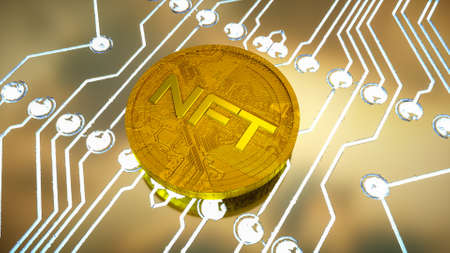 three-dimensional gold coin with the inscription nft on the background of a printed circuit board with luminous tracks. cryptoart concept. 3d render illustrationの写真素材