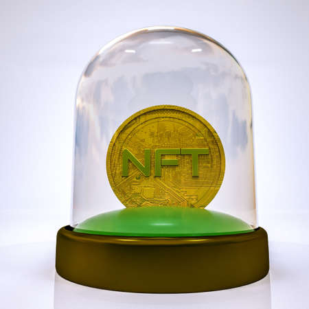 gold stylized coin with the inscription nft in a case under a glass cover. crypto art concept. 3d render illustrationの写真素材