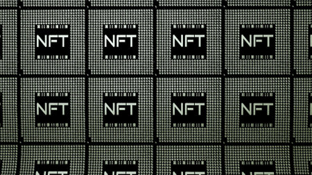 background from square rows with the inscription nft. crypto art concept. 3d render illustrationの写真素材