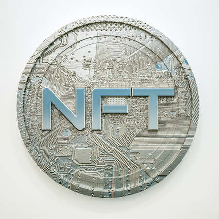 silver token with the inscription nft on a white background. crypto art concept. 3d render illustrationの写真素材