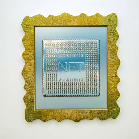 picture with the word nft with gold textured frame on a white wall. crypto art concept. 3d render...
