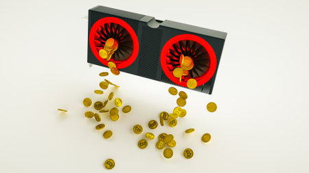 Gold coins with bitcoin symbol are pouring out of a 3D model of a video card on white