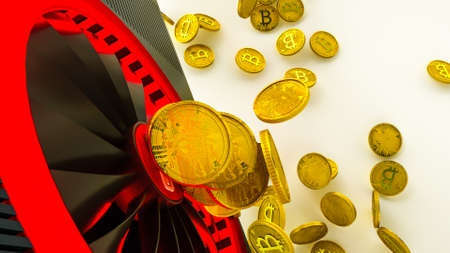 gold coins with bitcoin symbol are pouring out of a 3D model of a video card on a white background....