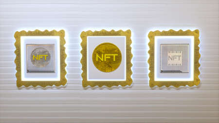 picture gallery with paintings with NFT inscriptions hanging on the wall. cryptoart concept. 3d render illustrationの写真素材