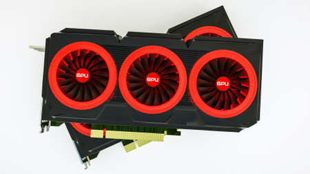 several three-dimensional video cards lie on a white background. GPU adapter. 3d render illustration