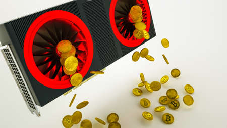 gold coins with bitcoin symbol are pouring out of a 3D model of a video card on a white background....