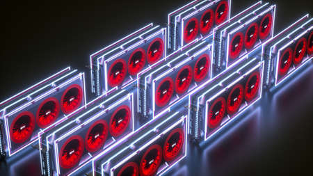 several three-dimensional video cards in neon light on a black background. mining farm concept. 3d...