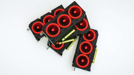 Several three-dimensional video cards lie on white