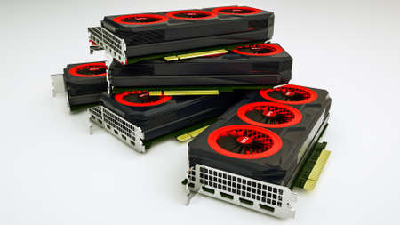 Several three-dimensional video cards lie on white
