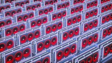 several three-dimensional video cards in neon light on a black background. mining farm concept. 3d render illustrationの写真素材
