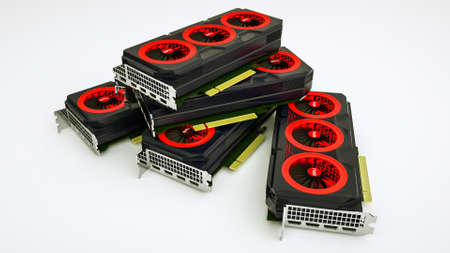Several three-dimensional video cards lie on white