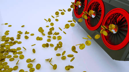 gold coins with bitcoin symbol are pouring out of a 3D model of a video card on a white background....